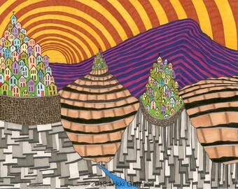 Three Hill Towns, 11&quot;x14&quot; original drawing purple yellow orange brown grey black green, surreal medieval fantasy pattern landscape houses