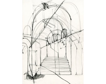 Europe 1990 001 12&quot;x16&quot; PRINT of architectural pencil travel abroad sketch archways and stairs