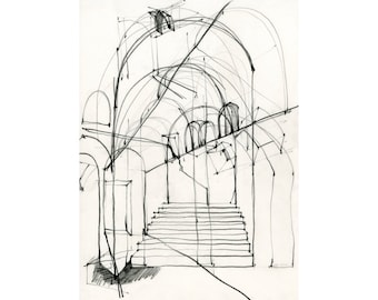 Europe 1990 001 12"x16" PRINT of architectural pencil travel abroad sketch archways and stairs