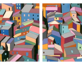 Art coloré sur les toits des villes italiennes : diptyque giclée géométrique