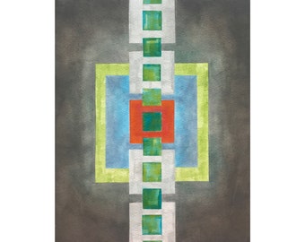 Bright Green Square: original watercolor and gouache geometric abstract modern art green blue turquoise red gray squares