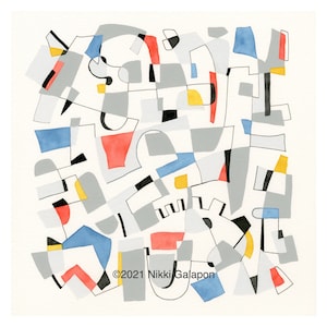 Primary with Gray: original mixed media artwork with primary colors abstract geometric modern art painting drawing mid-century shapes