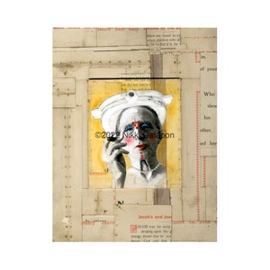 May include: A collage artwork featuring a woman with blue eyes and red lips. The woman is wearing a white hat and a pearl necklace. The background is a yellow and white collage of text and images. The text in the image reads "©2022 Nikki Galapon".