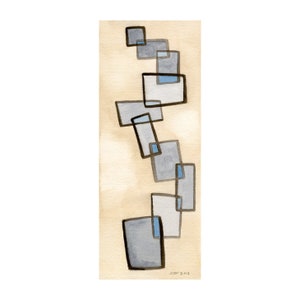 Original Watercolor Painting on paper, modern decor minimalist art in blue gray beige earth tones geometric overlapping rectangles stacked