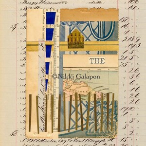 May include: Mixed media collage on aged ledger paper. Features layered elements including a map, architectural illustration, and patterned paper. The word "THE" is visible. Includes the text "September 1884" and "Nikki Galapon".