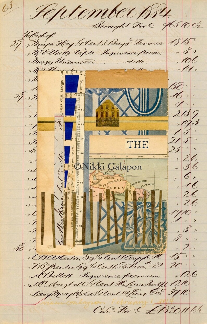 May include: Mixed media collage on aged ledger paper. Features layered elements including a map, architectural illustration, and patterned paper. The word "THE" is visible. Includes the text "September 1884" and "Nikki Galapon".