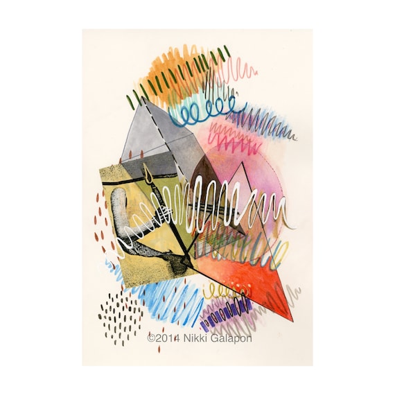 Spear: original abstract geometric colorful mixed media modern art  watercolor ink colored pencil pen marker paper collage acrylic paint