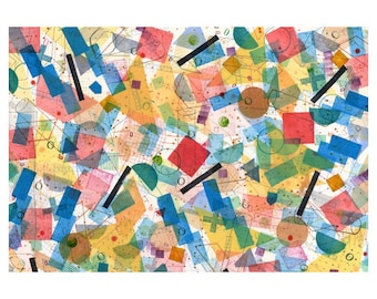 Impression d'archives de formes géométriques colorées et unis 33 x 19 cm couleurs primaires rouge orange jaune vert bleu violet marron noir art moderne