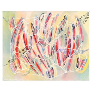 Koi Net: original oil painting on canvas panel 16&quot;x20&quot; abstract expressionist modern art geometric pink red yellow blue green white lines