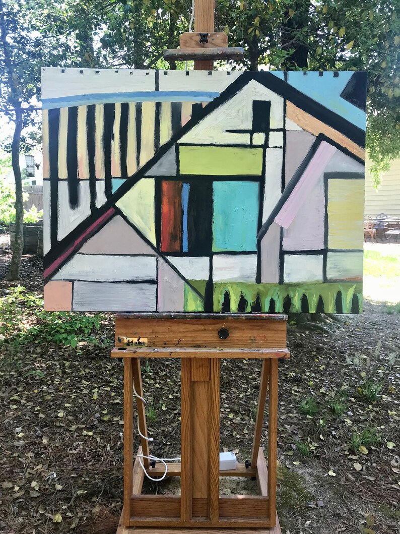 House: original abstract oil painting modern art 40x30 inches on stretched linen geometric bold multi-color Nikki Galapon architectural image 3