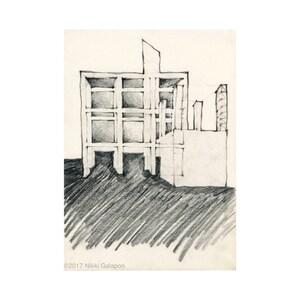 May include: A pencil sketch of a building with a grid-like facade and a flat roof. The building is drawn in perspective, with the front of the building facing the viewer. The sketch is done on a piece of paper with a light brown background.