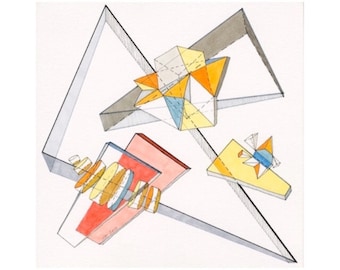 Original abstract geometric drawing modern art 3-D geometry primary colors yellow grey red blue pink orange black white