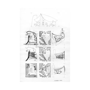 The chapel of Notre Dame du Haut Study: Archival print of original architectural pen drawing 13&quot;x19&quot;