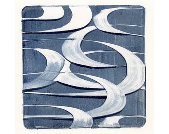 Original OOAK monotype indigo abstract minimalist modern art