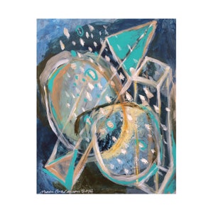 May include: Abstract painting with geometric shapes in shades of blue, teal, and white. The painting features a large, round shape in the center, surrounded by smaller geometric shapes. The artist's signature, "Mimi Galapon 2014", is visible in the bottom left corner.