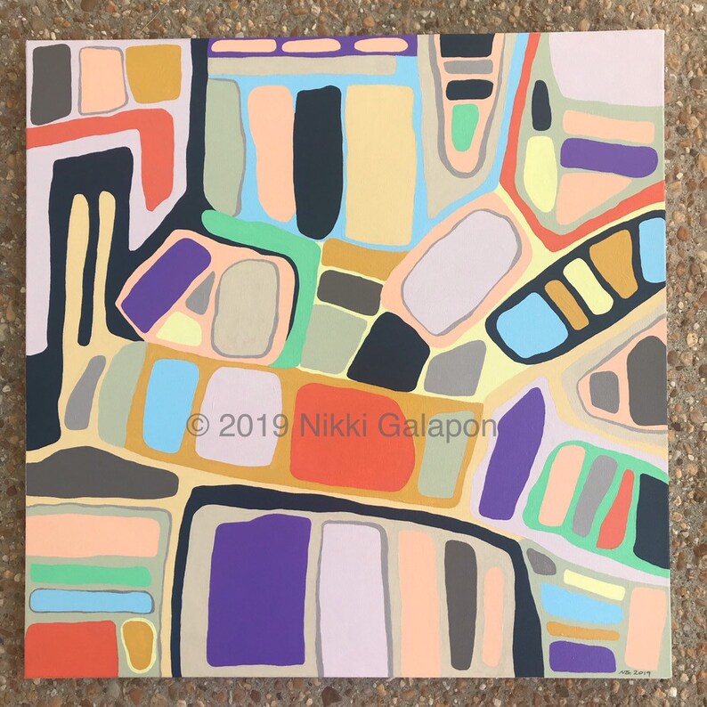May include: Abstract painting with geometric shapes in various colors, including black, white, red, orange, yellow, green, blue, purple, and brown. The painting is signed "&copy; 2019 Nikki Galapon" in the lower center.