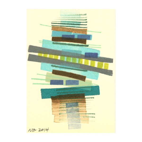 Stack #7: Original Monotype ACEO, Artist Trading Card, ATC, abstract modern art, green blue turquoise jade brown beige