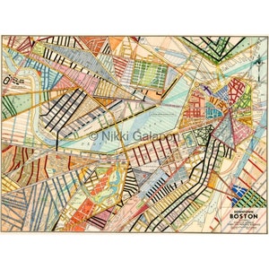 Boston Massachusetts Print: reproduction archivistique de la carte originale de la ville art multicolore art moderne formes géométriques 12x16 ou 17x22