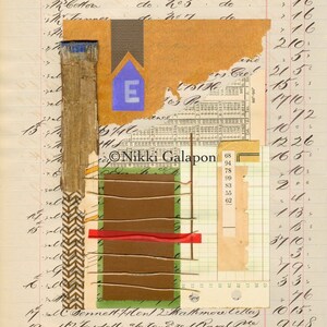 May include: Mixed media artwork on aged ledger paper. The collage features torn paper, a house shape with an "E", and geometric shapes in brown, green, and red. The artwork includes handwritten text and numbers.