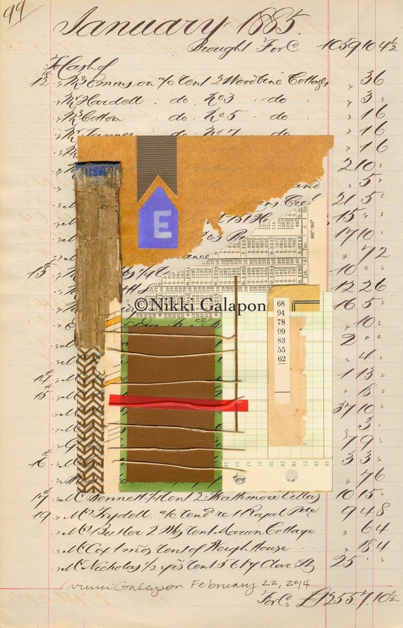 May include: Mixed media artwork on aged ledger paper. The collage features torn paper, a house shape with an "E", and geometric shapes in brown, green, and red. The artwork includes handwritten text and numbers.