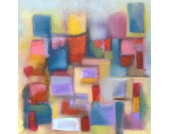 Original Oil Painting on canvas board, 12&quot;x12&quot;, colorful abstract contemporary modern art color block red blue yellow purple green pink