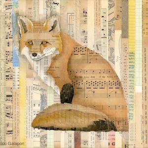 Sitting Fox on Collage: 11&quot;x14&quot; archival giclee print artwork reproduction of original mixed media soft pastel and vintage book page collage