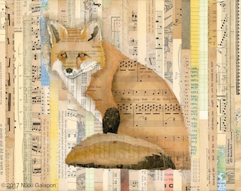 Sitting Fox on Collage: 11"x14" archival giclee print artwork reproduction of original mixed media soft pastel and vintage book page collage