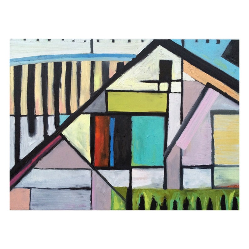House: original abstract oil painting modern art 40x30 inches on stretched linen geometric bold multi-color Nikki Galapon architectural image 1
