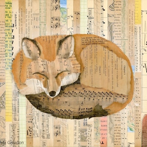 11x14 archival giclee print artwork reproduction of original mixed media soft pastel and vintage book page collage Sitting Fox on Collage