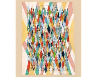 Going Home: 8.5"x11" archival PRINT of my original mixed media modern art argyle pattern blue yellow white pink green