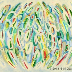 May include: Abstract painting with a swirling pattern of overlapping circles in shades of blue, green, yellow, red, and white.
