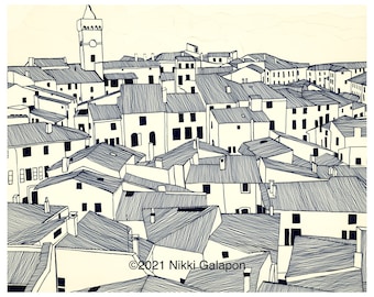 Impression d'art sur les toits médiévaux : croquis architectural au stylo, reproduction giclée