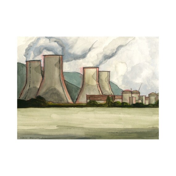 Centrale Nuclaire de Cruas in Cruas, France, 8.5"x11", 13"x19" or 17"x22"  GICLEE PRINT of original watercolor painting