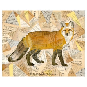 11x14 archival giclee print artwork reproduction of original mixed media soft pastel and vintage book page collage Sitting Fox on Collage