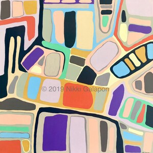 May include: Abstract painting with geometric shapes in various colors, including yellow, orange, red, green, blue, purple, black, and brown. The painting is signed "&copy; 2019 Nikki Galapon".
