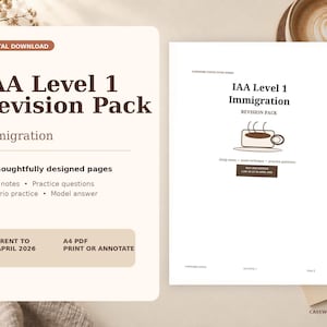 Pode incluir: Um pacote de revisão digital para imigração IAA Nível 1, contendo 29 páginas de notas de estudo, questões práticas, exercícios de cenário e respostas modelo. O documento é um PDF A4, válido até 30 de abril de 2026, com uma imagem de xícara.