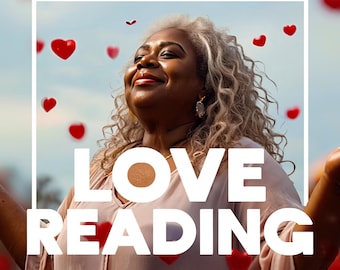 May include: An image featuring a woman with gray curly hair, smiling upwards, with the words "LOVE READING" in large white letters. Red heart shapes float in the background. The text "SAME HOUR" and star ratings are at the top.