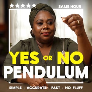 May include: Image of a woman holding a pendulum. The text on the image reads "YES OR NO PENDULUM" in large yellow letters. Below the text are the words "SIMPLE • ACCURATE • FAST • NO FLUFF". The woman is wearing a green top and head wrap.