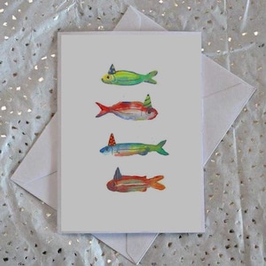 Birthday Card Printable | Funny Foldable A5 Cards | Fish with Party Hats | Watercolor Greeting Card | Instant Download | A4 Digital File