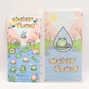 May include: Two clear plastic inserts with a frog theme. One shows a pond scene with frogs, lily pads, and the text "Water Fund." The other has a frog in a water droplet. Pink cherry blossom trees and a sun are in the background.