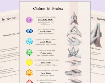 May include: A printable guide titled "7 Chakra Mudras Chart" features a detailed chart of chakras and mudras. The chart includes illustrations of hand gestures and descriptions for each chakra, such as the Crown Chakra and the Root Chakra.