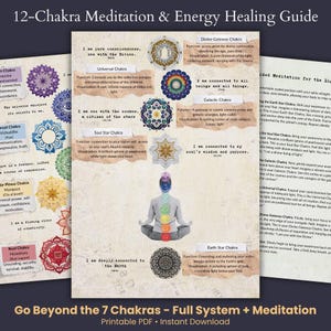 May include: A guide to 12-Chakra Meditation & Energy Healing. The image features colorful diagrams with text, including information on chakras, meditation, and energy healing. The text includes "Go Beyond the 7 Chakras - Full System + Meditation".
