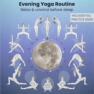 May include: An illustrated guide for an evening yoga routine. The image features a sequence of yoga poses around a large moon graphic. Text includes "Evening Yoga Routine" and "Relax & unwind before sleep."