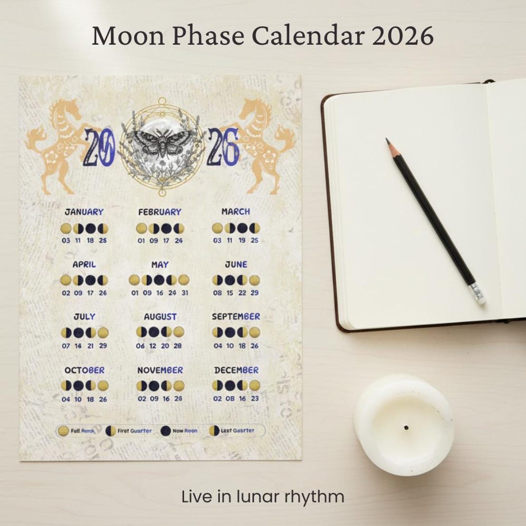Moon Calendar 2026 Printable | Minimal Lunar Phases Calendar | Full ...