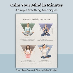Puede incluir: Un póster imprimible con el texto "Calma tu mente en minutos" y "4 técnicas de respiración simples". El póster ilustra cuatro ejercicios de respiración: Respiración cuadrada, Exhalación extendida, Respiración abdominal y Respiración con zumbido. Para aliviar el estrés.