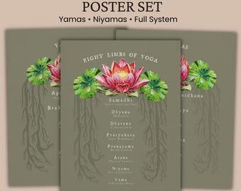 8 Limbs of Yoga Poster Set | Ashtanga Yoga Philosophy Printable | Yamas & Niyamas Yoga Posters
