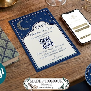 QRコード付き天体ウェディングRSVPカード：星月夜（編集可能、印刷可能）