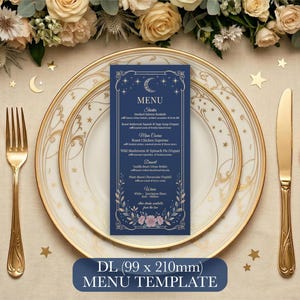 May include: A formal table setting with gold-colored cutlery, including forks, a knife, and a spoon. A navy blue menu card with floral and celestial designs sits on a white plate with gold trim. The menu card reads "MENU" and "DL (99 x 210mm) MENU TEMPLATE".