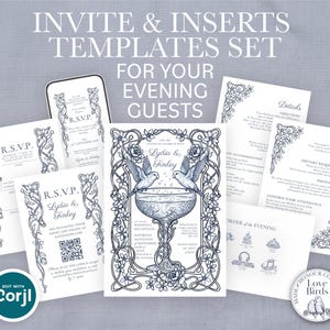 May include: A set of wedding invitation templates featuring dark blue line art of two birds perched on a champagne coupe, surrounded by floral borders. The text includes INVITE & INSERTS TEMPLATES SET FOR YOUR EVENING GUESTS, R.S.V.P., and Lydia & Finley.