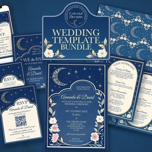 May include: A wedding template bundle with a celestial theme. The design features a navy blue background with crescent moons, stars, and floral accents. Includes invitations, RSVP cards, and guest information cards.